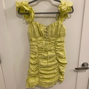 Mable Ruched lace up lime green mini dress
